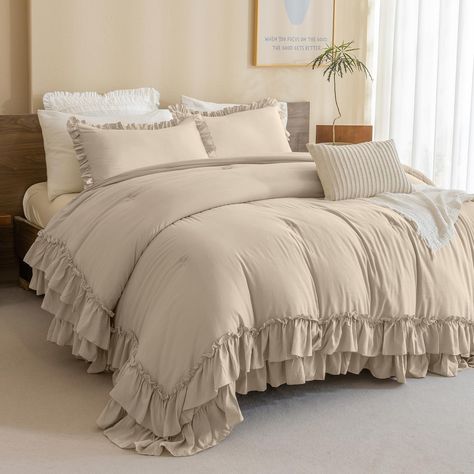 PRICES MAY VARY. 【Ultra Soft Material】Masaca vintage boho farmhouse bedding comforter king size is with latest stone washed process craft,ultra softer touch feeling than other similar items.Comfy and fluffy for all seasons. 【Farmhouse Ruffle Style】Masaca linen color ruffle ruffled king bedding comforter set is with 2-layer HANDMADE ruffle hems and solid linen color,this farmhouse shabby boho chic king bed set will help you build a french style house that full of vintage farmhouse looking.Perfect gifts for women/girls. 【Expert Craftsmanship】Exquisite stitching makes Masaca shabby farmhouse king bed comforter set more durable,specially enhanced 16 cross,the whole-piece polyfill no shifting,no clumping,no concern of leakage or ripping. 【Ruffle King Size Comforter Set Includes】1 linen color sh Boho Bedding Comforters Layered, French Shabby Chic Bedding French Bedroom, Rustic Shabby Chic Furniture, Shabby Chic Linen Bedding, Queen Size Comforter Sets Shabby, Chic Bedding Farmhouse, Shabby Chic Bedroom Furniture Sets, Boho Farmhouse Bedding King, Farmhouse Bedding Sets King