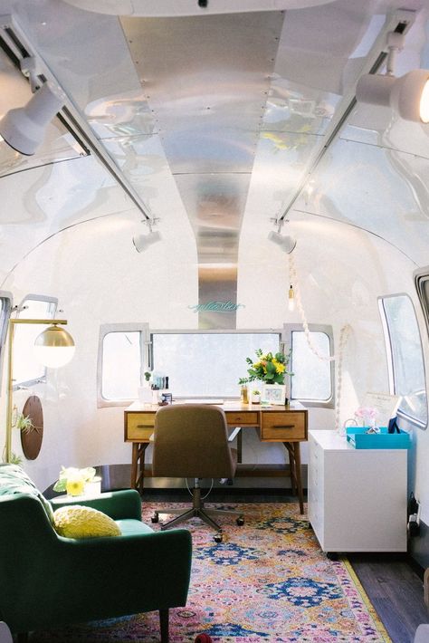 Our Airstream Home Office – Yellow Bess Airstream Office, Home Office Yellow, Airstream Glamping, Office Yellow, Egg Stamps, Tiny Office, Caravan Makeover, Airstream Remodel, Quiet Space