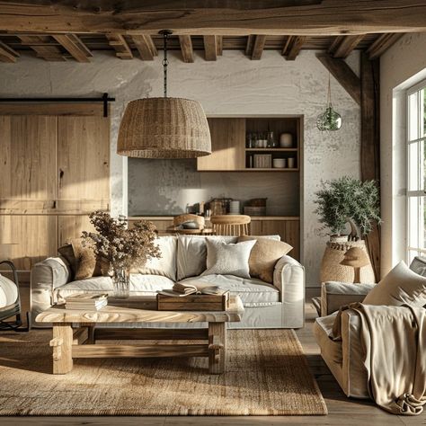 English Countryside Interior Design, French Countryside Living Room, Japanese Hallway, Cozy Modern Cottage, Modern Cottage Living Room, Cozy Cottage Living Room, Natural Wood Accents, Cozy Living Room Ideas, Wooden Living Room