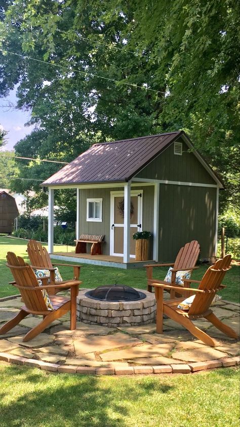 Backyard View, Shed Landscaping, Outside Fire Pits, Tuff Shed, Shed Construction, Fire Pit Furniture, Stone Fire Pit, Instagram Add, Backyard Sheds