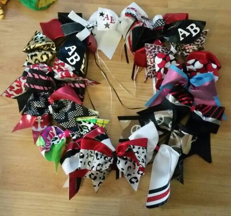 This is how to display cheer bows, after all they weren't cheap! Cheer Bow Display Graduation, Senior Merch, Senior Table, Bow Display, Bow Storage, Graduation Party High, Cheer Gifts, Senior Night, Cheer Bow