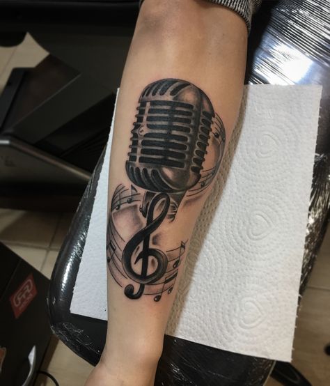 Mic Tattoo Design, Microphone Tattoo Ideas, Mic Tattoo, Notes Tattoo, Microphone Tattoo, Arm Tattoos For Guys Forearm, Unique Half Sleeve Tattoos, Best Neck Tattoos, Rockabilly Tattoo