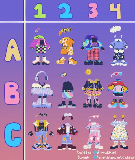 Oc + Letter + Number Clothes, Outfit Ideas For Character Design, Outfit Chart Drawing, Popstar Outfits Ideas Drawing, Art Outfit Ideas Drawing, Anime Clothing Design, Outfits For Ocs, Outfit Chart, Draw Your Oc In This Outfit