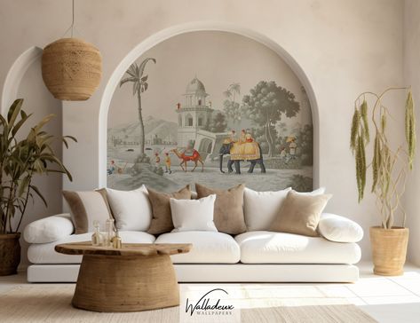 Early Morning View of India Wallpaper, Elephant Oriental 3d Mural 45 - Etsy Canada India Wallpaper, Chinoiserie Pillow Covers, Wallpaper Luxury, 3d Mural, Scenic Wallpaper, Artistic Wallpaper, Wallpaper Project, Pichwai Paintings, Pooja Room Design