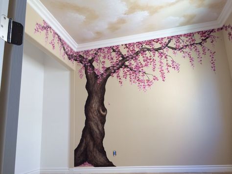 Weeping cherry blossom & cloudscape mural for baby girls bedroom. Cherry Blossom Tree Painting On Wall, Cherry Blossom Tree Wall Painting, Cherry Blossom Nursery Theme, Cherry Blossom Wall Painting, Room Wall Drawing, Cherry Blossom Mural, Cherry Blossom Nursery, Baby Girls Bedroom, Cherry Blossom Bedroom