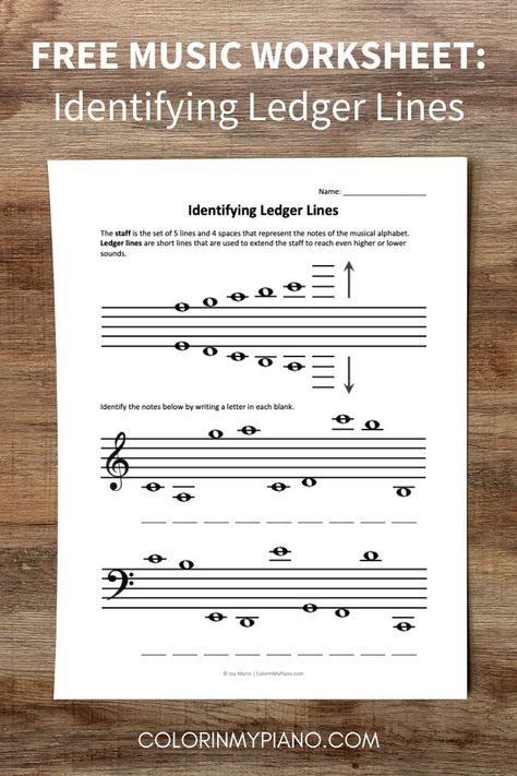 FREE music worksheet: Identifying Ledger Lines! Do you have music students who could use extra practice reviewing ledger lines? The top of the worksheet includes a definition and a graphic demonstrating ledger lines. The rest of the page presents ledger line notes and asks the student to identify the letter name of each note. It’s a simple worksheet useful for reinforcing ledger lines! Visit ColorInMyPiano.com to download this PDF worksheet and many others! 🎼 Ledger Lines Worksheet, Ledger Lines Notes, Free Music Worksheets, Sight Reading, Music Worksheets, Music Student, Piano Teaching, Music Theory, Free Music