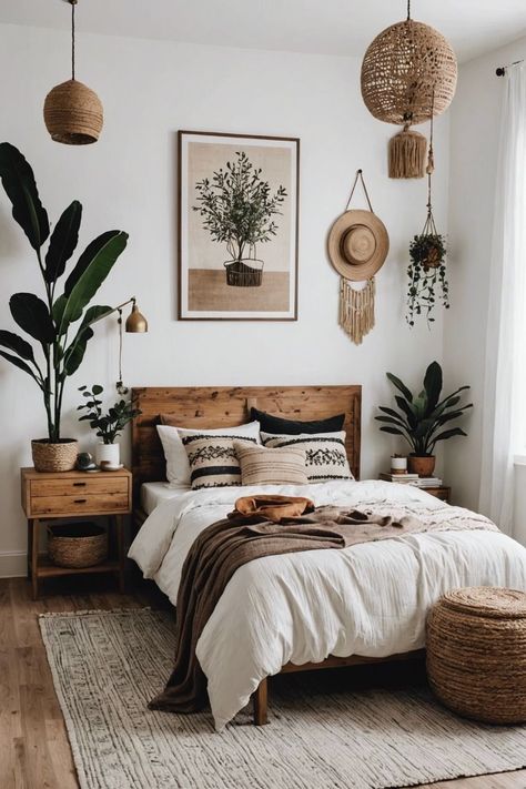 Bedroom Ideas Boho Chic, Natural Boho Bedroom, Cozy Natural Bedroom, Bedroom Inspo Minimalist, Married Bedroom, Boho Bedroom Makeover, Top Bedroom Ideas, Minimalist Boho Bedrooms, Boho Style Bedroom Decor