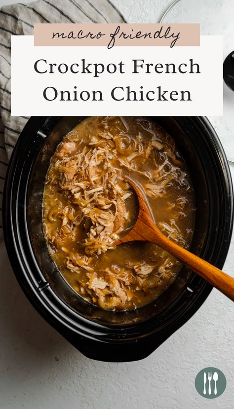 Crockpot Recipes French Onion Chicken, Crockpot Creamy French Onion Chicken And Orzo, Au Jus Chicken Crockpot, Juicy Crockpot Chicken, French Onion Chicken Healthy, Chicken And Onion Crockpot Recipes, Crockpot Chicken Macro Friendly, Onion Soup Chicken Crockpot, French Onion Soup Chicken Crock Pot