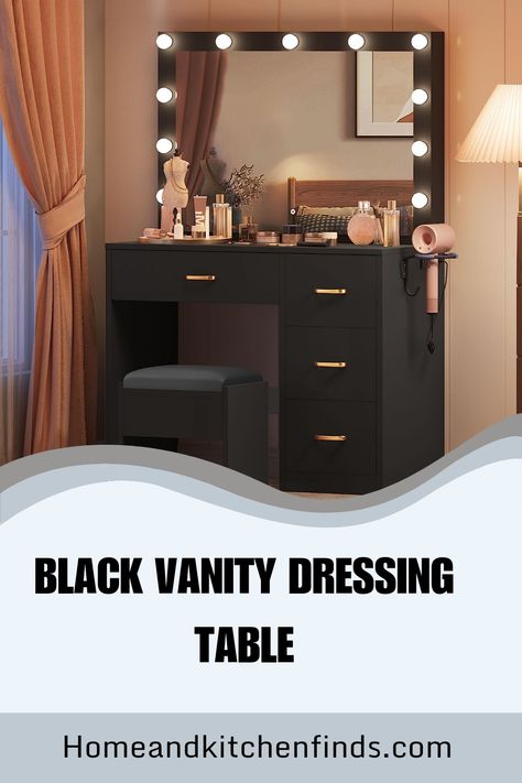 Black vanity desk Dressing Table Ideas Black, Black Vanity Bedroom, Vanity Area In Bedroom, Build A Vanity, Campus Room, Black Makeup Table, Dressing Table Light, Dressing Table Black, Black Dressing Table