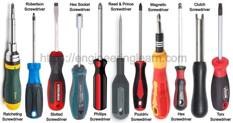 14 Types of Screwdriver and Their Uses [with Pictures] - Engineering Learn Screw Drivers, Mechanical Engineering Design, Tool Storage Diy, Engineering Tools, Screws And Bolts, Mechanic Tools, Tools Hardware, Construction Tools, Garage Tools