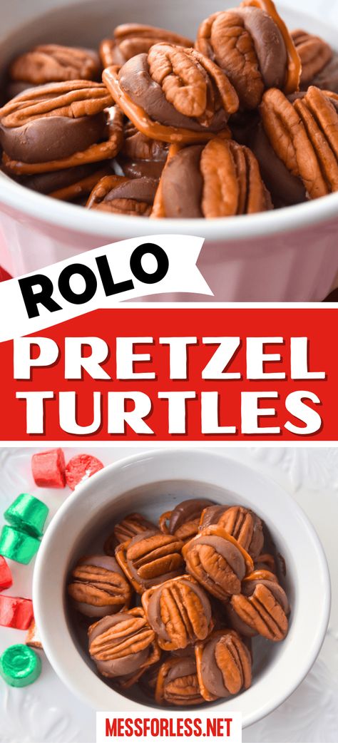 Quick and easy Rolo Pretzel Turtles Recipe! A perfect recipe with just 3 ingredients – Rolos, pretzels, and pecans. Sweet, salty, crunchy, and SO yummy! Pin now, make later! Turtle Rolo Pretzels, Pretzels With Rolos And Pecans, Pretzel Rolos Pecans, Pretzel Rolo Pecan Recipe, Recipe For Pretzels And Rolos, Christmas Treats Using Rolos, Turtles With Rolos, Rolo Pretzel Turtles Recipe, Pretzel And Rolo Turtles