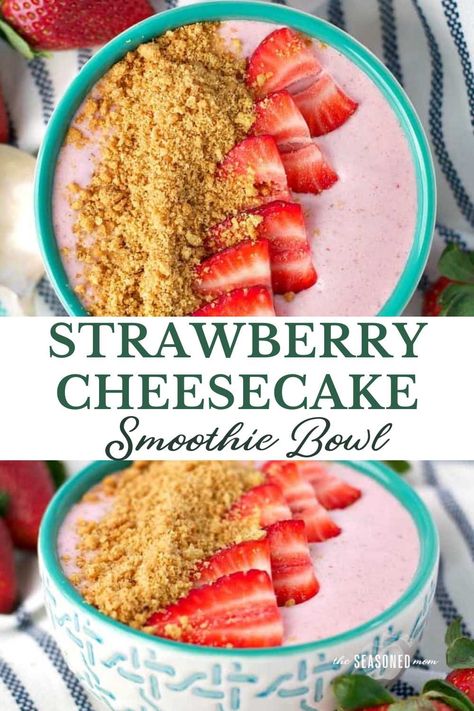 Start your day with a thick, creamy and protein-packed strawberry smoothie that you can eat with a spoon! Topped with crushed wholegrain graham crackers and fresh fruit, this healthy Strawberry Cheesecake Smoothie Bowl is like having dessert for breakfast! At Home Smoothie Bowl, Cottage Cheese Smoothie Bowl, Healthy Breakfast Smoothie Bowls, Ninja Creami Smoothie Bowl Recipe, Ninja Creami Smoothie Bowls, Smoothie Bowl Kids, Smoothie Bowls Recipes, Protein Smoothie Bowls, Healthy Yogurt Bowls