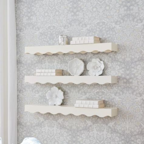 Tulette Floating Wall Shelf Decorative Scalloped White Wood with Plate Groove French Cleat Hanger, Scalloped Shelf, Closet Storage Systems, Outdoor Umbrella Stand, Floating Wall Shelf, Nursery Shelves, French Cleat, White Shelves, Rug Size Guide