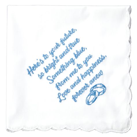 PRICES MAY VARY. ELEGANT DESIGN: Our wedding handkerchief features a beautiful poem with an embroidered interlocing ring design that adds a personal touch to your wedding day. The Infinity lock symbolizes your unending love for each other. PREMIUM QUALITY: Made from 100% cotton with scalloped edges, our wedding handkerchief is soft and durable. It's a thoughtful and practical keepsake that will be cherished for years to come. PERFECT BRIDAL GIFT: Our wedding handkerchief makes the perfect bridal Blue Poem, Mother Of The Bride Gifts, Something Blue For Bride, Handkerchief Crafts, Wedding Toast, Wedding Hankies, Embroidered Handkerchief, Wedding Handkerchief, Wedding Toasts