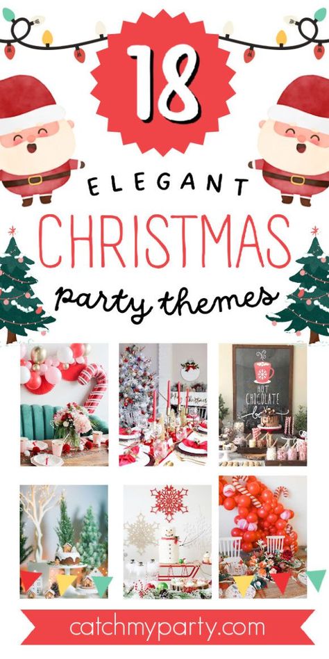 The holiday season is fast approaching which means lots of fun Christmas parties with family and friends. If you are planning a Christmas party in the next coming weeks but are stuck on a holiday party theme be sure to check out all the elegant Christmas party themes that we have rounded up for you. See more party ideas and share yours at CatchMyParty.com Christmas Party Theme Names, Work Christmas Party Ideas, Ladies Christmas Party, Formal Christmas Party, Christmas Party Theme, Outdoor Christmas Party, Church Christmas Party, Elegant Christmas Party, Girls Christmas Party