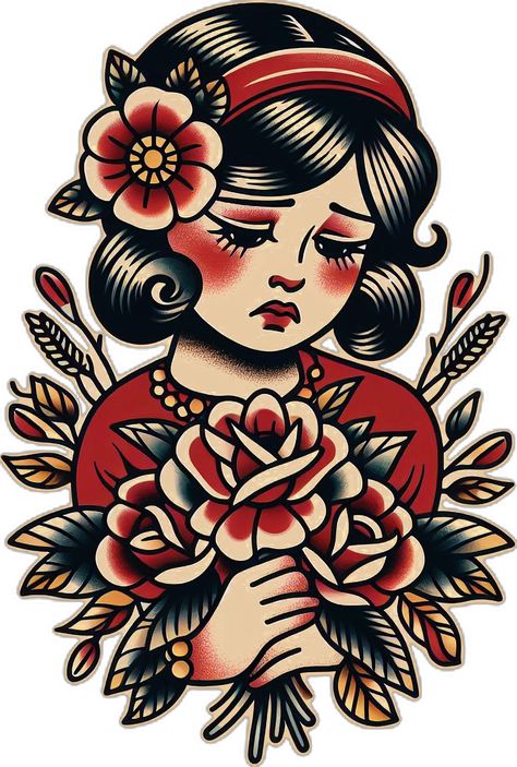 Traditional Tattoo Girl Head, Traditional Tattoo Painting, Traditional Tattoo Girls, American Traditional Tattoo Flash, Traditional Tattoo Prints, Traditional Tattoo Woman, Traditional Tattoo Flash Art, Traditional Tattoo Flowers, Tattoo Apprenticeship