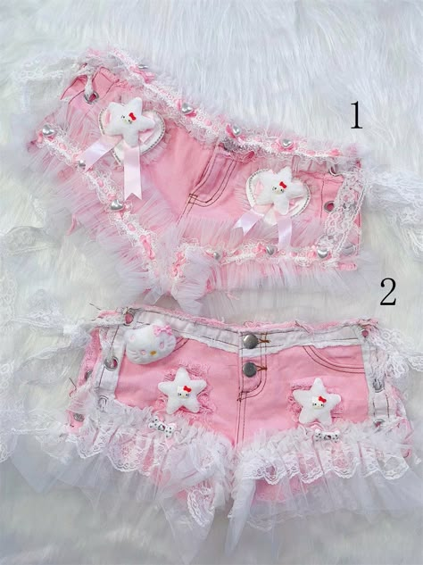 This is a cute handmade pink shorts with a girly style, featuring a low-waist design and adjustable side ties. Perfect for creating a sweet and charming look, these shorts are a must-have for any kawaii fashion enthusiast. The adjustable side ties allow for a customized fit, while the free leg garters add an extra touch of cuteness to any outfit. Don't miss out on this adorable addition to your wardrobe!  The price includes one pair of shorts and a free pair of leg garters.   	 		 			Size 			S 			M 			L 			XL 		 		 			Waist 			70 			74 			78 			82 		 		 			Hips 			84 			88 			92 			96 		 		 			Length 			15 			15 			15 			15 Pink Clothes Aesthetic, Cute Clothes Pink, Kawaii Shorts, Kawaii Outfit Ideas, Leg Garters, Kawaii Outfits, Pink Tights, Hot Pink Shorts, Lace Trim Shorts