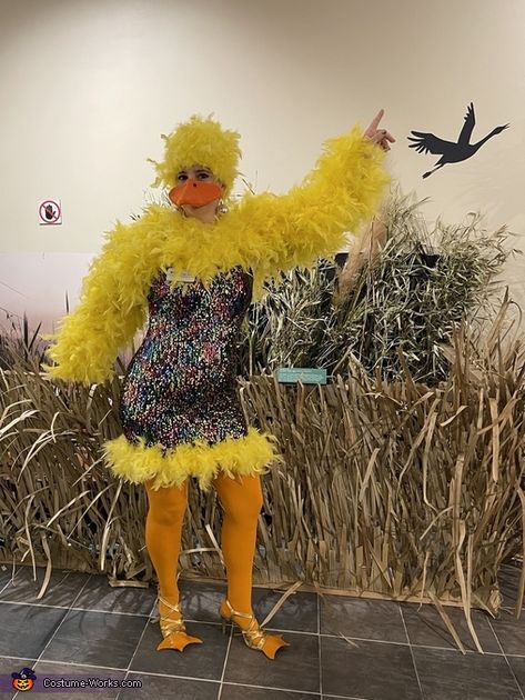 Angela: I have always been a fan of disco and grew up listening to Rick Dees’ Disco Duck song. I decided to throwback to the 70s and make my own Disco... Duck Costume For Women, Duck Halloween Costume, Duck Costume, Orange Tights, Duck Costumes, Homemade Costume, 70s Party, Costume Works, Costume For Women