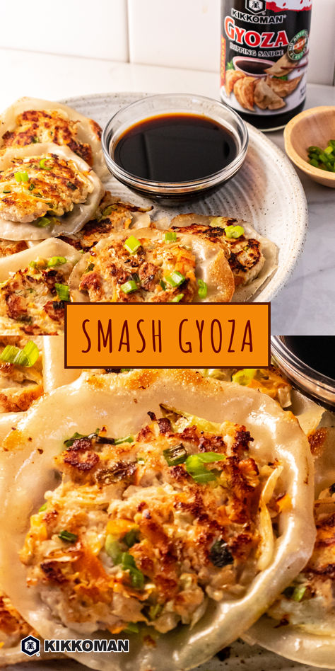 Enjoy a creative twist on traditional flavors with Smash Gyoza! This quick and savory recipe features ground meat and veggies, wrapped in gyoza skins, and perfectly paired with Kikkoman® Gyoza Dipping Sauce for an irresistible finish. Find more recipes at KikkomanUSA.com. Gyoza Dinner Ideas, Gyoza Recipe, Gyoza Recipe Chicken, Tofu Gyoza Recipe, Recipes For Picky Eaters, Smash Gyoza, Pork Gyoza Recipe, Smash Gyoza Recipe, Smashed Gyoza Recipe