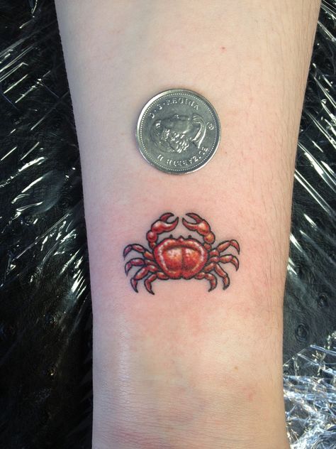 Red Crab Tattoo, Small Crab Tattoo, Black Red Tattoo, Heart Tattoo Ankle, Blue Butterfly Tattoo, Crab Tattoo, Unique Small Tattoo, Small Heart Tattoos, Red Crab