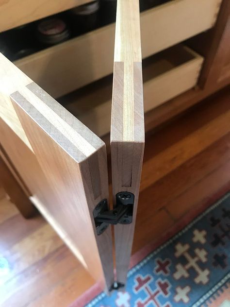 Detail of door joinery and Soss hinges for bifold doors on… | Flickr Wood Bifold Door, Flipper Doors Cabinets Diy, Bifold Pocket Cabinet Doors, Inside Hinges Cabinet Doors, Bifold Cabinet Doors, Door Joinery, Viking Garden, Kitchen Door Hinges, Flush Cabinet Door Hinges