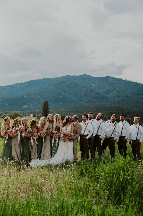 Sage Green Mismatching Bridesmaids Dresses and Boho Groom Suspenders made a fashionable wedding party! #weddingparty #weddingpartyideas #sagegreen #sagegreenbridesmaid #mismatchingbridesmaids #suspenders #groomsmen #groomsmensuspenders #mountainwedding #sagegreenbridesmaiddress #bridesmaiddresses #springwedding #summerwedding #summerweddinginspo #summerweddingideas #bohowedding #sagegreenweddingcolor #weddingcolor #summerweddingcolors #springweddingcolors Groomsmen Mountain Wedding, Bridesmaids Mountain Wedding, Green Bridesmaid Dresses Mismatched With Groomsmen, Sage Green Bridesmaid Dresses With Groomsmen, Sage Bridesmaid Dresses With Groomsmen, Green Bridesmaid Dresses With Groomsmen, Sage Green Groomsmen Attire, Green Groomsmen Attire, Sage Green Summer Wedding