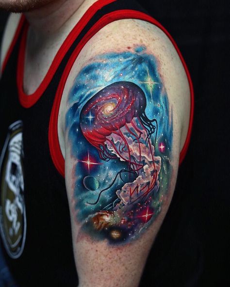 Galaxy Jellyfish Tattoo, Tattoos Jellyfish, Space Jellyfish, Tattoo Jellyfish, Hairline Tattoos, Single Needle Tattoo, Jellyfish Tattoo, Galaxy Tattoo, Jellyfish Art