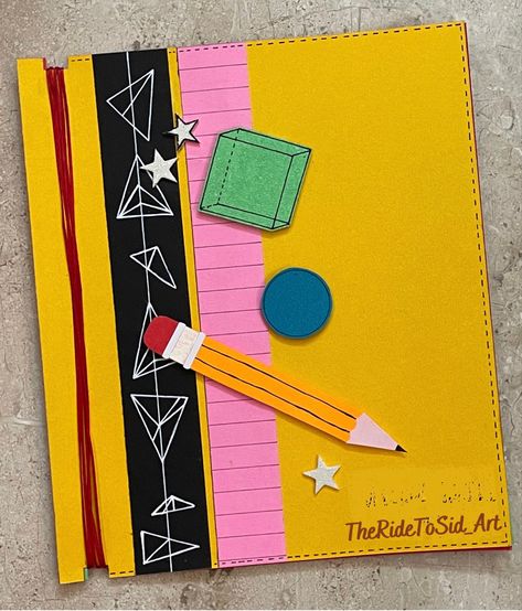 Scrapbook on shapes coverpage. #scrapbook #booklet #shapes #stars #circle #pencil #square #rectangle #notebook Teachers File Decoration Ideas, Book Decoration Ideas Cover, Holiday Homework Notebook Decoration Ideas, Teacher Register Cover Decoration Ideas, Booklet Front Cover Design, Booklet Cover Design For School Project, Teacher Dairy Decorations Ideas, Scrapbook Decoration Ideas For School, Maths File Cover Decoration