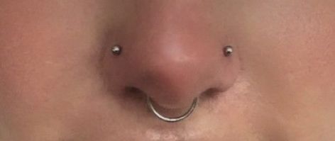 Stud Nostril Piercing, Nose Jewelry Ideas, Nose Piercing Spike, Piercing Healing Time Chart, Both Nostrils Pierced, Septum And Nose Piercing, Stud Aesthetic, Dream Person, Nasallang Piercing