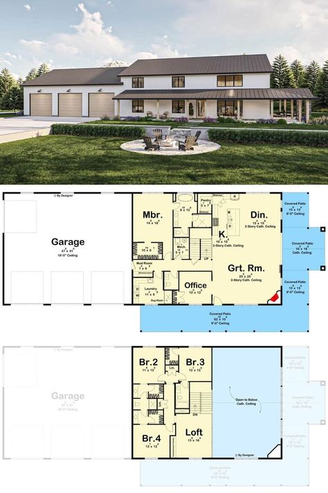 This two-story barndominium home offers a sprawling floor plan with an oversized 4-car garage and a covered patio that wraps around two sides of the home. Barndominium House Plans With Garage, Modern Farmhouse Barndominium Floor Plans, Two Level Barndominium, Floor Plans 4 Bedroom Barndominium, Barndominium House Plans 2 Story, 2 Story 4 Bed Barndominium Floor Plans, 4 Bed 3 Bath 2 Story Barndominium, Two Floor Barndominium, Barndominium With Side Garage