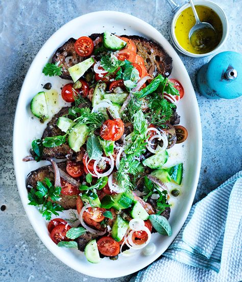 Santorini salad recipe :: Gourmet Traveller Santorini Salad, Interesting Salads, Traditional Greek Salad, Recipes Gourmet, Barley Salad, Mediterranean Meals, Olive Salad, Asparagus Salad, Bread Salad