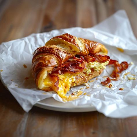 This bacon egg and cheese croissant sandwich takes one of the most iconic and indulgent breakfast combos and kicks it up a notch. You'll love it! Bacon And Egg Croissant, Croissant Sandwich Recipes, Bacon Egg And Cheese Croissant, Egg And Cheese Croissant, Crescent Sandwiches, Bacon And Egg Sandwich, Food Studies, Breakfast Croissant, Cheese Croissant