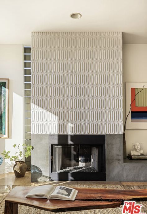 Midcentury Modern Fireplace Tile, Tile Around Fireplace Mid Century, Modern Fireplace Wall Ideas, Large Tile Fireplace Mid Century, Neutral Fireplace, Tile Fireplace Surround, Stone Fireplace Mid Century, Midcentury Fireplace, Modern Fireplace Tiles