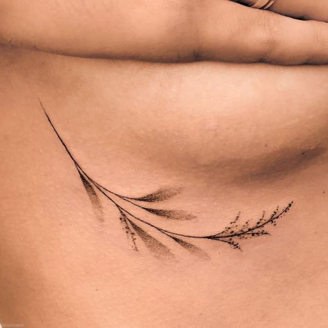 Small Tattoo Ideas Fine Line, Braline Tattoo Ideas, Leaf Tattoo Under Breast, Under Noon Tattoo, Nature Tattoo Women, Tattoo Under Bra Line, Bra Line Tattoo, Fine Line Hip Tattoo, Tattoo Ideas Underboob