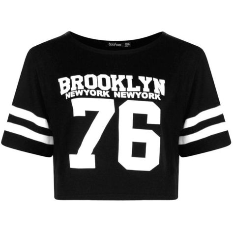 Boohoo Reece Baseball Brooklyn Boxy Crop ($10) ❤ liked on Polyvore featuring tops, boxy crop top, long sleeve jersey, basic t shirt, high neck top and jersey top