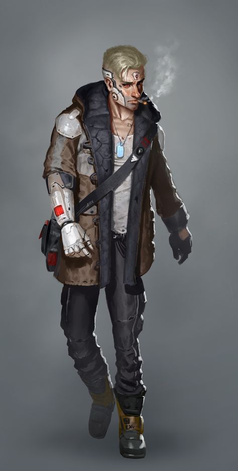 Cyberpunk Medtech Character, Starfinder Android Male, Cybernetic Character Design Male, Cyberpunk Fixer Art, Cyberpunk Detective Character Design, Cyberpunk Characters Male, Cyberpunk Ideas Character Design, Cyberpunk Netrunner Character Art, Cyberpunk Fixer Character Concept