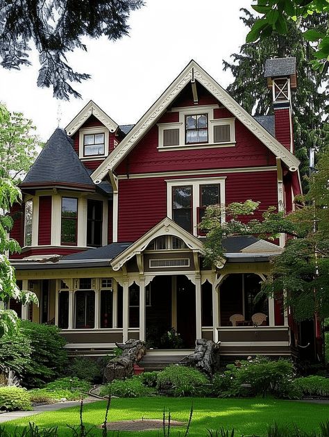 7 House Colors to Enhance Your Grey Roof Maroon House Exterior, Red Siding House Exterior, Red Exterior House Colors, Red Victorian House, Red Roof House Colors, Brown Roof Houses, Red House Exterior, Craftsman House Exterior, Gothic Whimsical