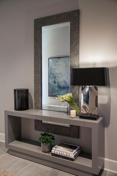 Shortlet Apartment Designs, Vstupná Hala, Entry Furniture, Table With Mirror, Dressing Table Design, Hal Decor, Foyer Design, Hall Decor, Makeup Table