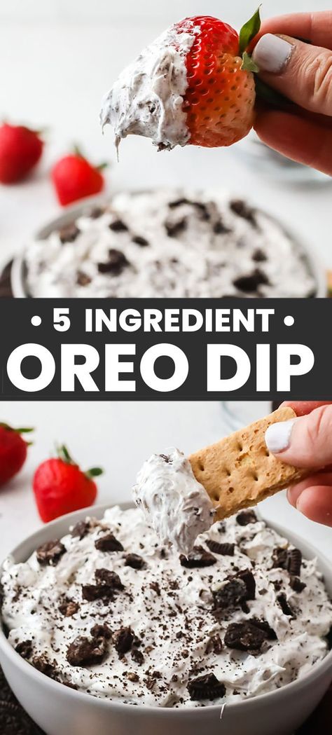 You only need five simple ingredients to make this easy Oreo dip! Loaded with cream cheese, whipped cream, and crushed Oreo cookies, this sweet dip is perfect for dipping strawberries, nilla wafers, and more. Sweet Chip Dip, Easy Party Snacks Sweet, Dirt Cake Dip, Oreo Fruit Dip, Dip For Dip Party, Sweet Recipes With Cream Cheese, Easy Dip Dessert, Fun Dips To Make, Dessert Party Dips