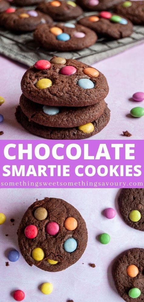 These chocolate Smartie cookies are a fun, easy bake that everyone will love! Chewy, rich chocolate cookies filled with chocolate chunks and Smarties! #chocolatesmartiecookies #smartiecookiesrecipeuk #smartiecookiesrecipe Smarties Recipes, Smartie Cookies, British Biscuits, Chewy Chocolate Cookies, Kids Baking, Biscuit Recipes, Easy Chocolate Chip Cookies, Baking Fun, Easy Bake