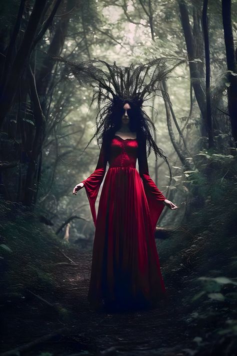 Witch in tfe redcdress on Witch Masquerade, Red Witch Costume, Future Teller, Witches Lair, Witches Costumes For Women, Red Witch, Nature Witch, Gothic Photography, Witch Cosplay