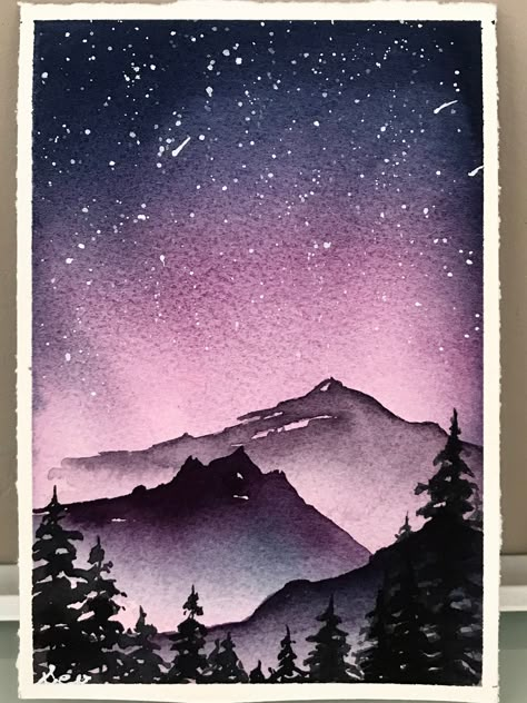 *ORIGINAL - NOT A PRINT* The starry night sky and glowing northern lights transport you to another world! - 4x6 original watercolor composition by Canadian artist Severine Stegner - Original signed watercolor - Painted on archival quality, acid-free, 100% cotton 140 lb. cold press watercolor paper - Painting will come packaged in a protective cellophane sleeve, sandwiched in a flat mailer to avoid bending in the mail. Ships from Canada. - Please be aware colors may vary slightly based on compute Night Watercolor Paintings, Watercolor Northern Lights, Atmospheric Watercolor, Watercolor Starry Night, Watercolor Skies, Night Sky Watercolor, Northern Lights Watercolor, Watercolor Composition, Night Watercolor