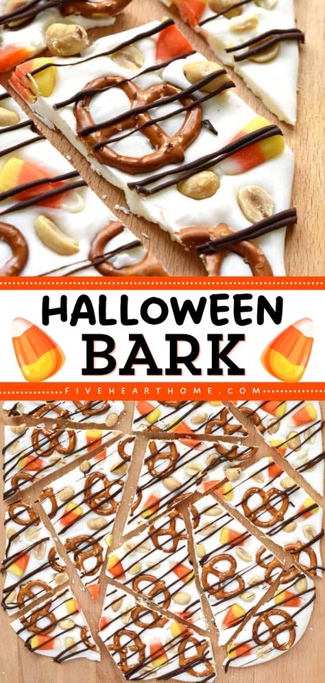 Want more DIY Halloween treats? Here's a Halloween bark recipe! Studded with candy corn, pretzels, and peanuts then drizzled with semisweet chocolate, this white chocolate bark idea is a fun and festive Halloween party food! Halloween Bark Recipes, Candy Corn Bark, Candy Corn Recipe, Bark Idea, Halloween Bark, Halloween Finger Foods, White Chocolate Candy, Fun Halloween Food, Easy Halloween Food