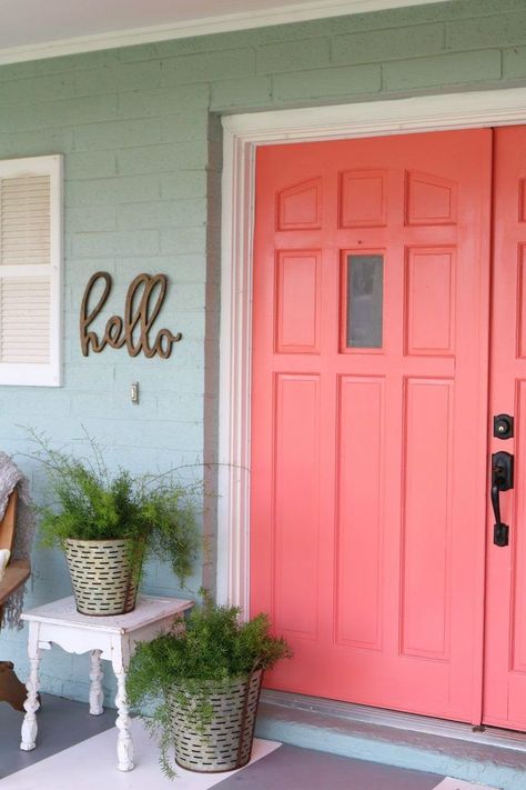 Loving these bright front doors! So easy to make a statement with bold front door paint choices using @decoart's Curb Appeal paint. Such cheery front doors on a colorful porch. Cute outdoor decor ideas! Paint Front Door Diy, Coral Front Doors, Bold Front Door Colors, Bold Front Door, Bright Front Doors, Victorian Front Doors, Unique Front Doors, Green Front Doors, Door Colors