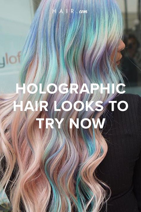 Holographic Hair Peekaboo, Holographic Hair Dark, Prism Hair Color, Holographic Hair Color, Unicorn Hairstyle, Iridescent Hair, Unicorn Hair Dye, Cosmo School, Unicorn Hair Color