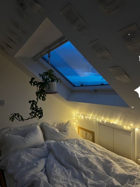 Bunk Bed Attic Room, Attic Apartment Aesthetic, Room Inspo For Attic Room, Skylight Window Bedroom, Small Room Ideas Slanted Roof, Bedroom Ideas Roof Slope, Skylight Bedroom Aesthetic, Room Ideas Aesthetic Loft, Slopped Roof Bedroom Ideas