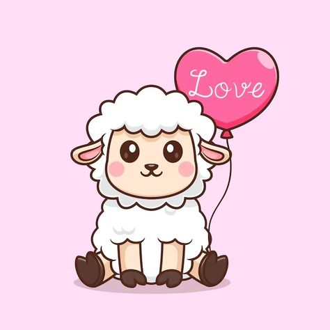 Cute Sheep Cartoon, Dessert Logo, Sheep Vector, Sheep Cartoon, Balloon Cartoon, Vector Icons Illustration, Cute Sheep, Heart Balloons, Icon Illustration