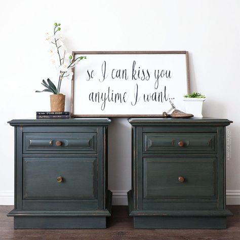 DIY Dark Green Nightstands Makeover Rustic Nightstands, Green Nightstand, Dresser Transformation, Diy Furniture Refinishing, Green Nightstands, Green Painted Furniture, Real Milk Paint, Nightstand Makeover, How To Breathe