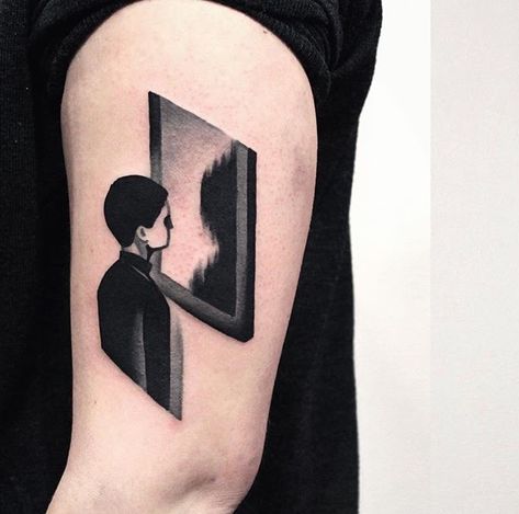 Reflection Tattoo Mirror, Forearm Tattoo Blackwork, Self Reflection Tattoo Ideas, Man In The Mirror Tattoo, Introspective Tattoo, Mirror Tattoo Reflection, Black Box Tattoo, Self Reflection Tattoo, Black Mirror Tattoo