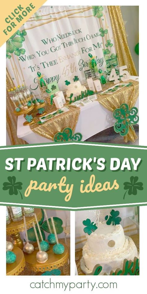 Check out this fun St. Patrick's Day party! The cake is wonderful! See more party ideas and share yours at CatchMyParty.com #catchmyparty #partyideas #stpatricksday #stpatricksdayparty 40th Birthday Irish Theme, Luck Themed Party, St Patrick's Day Party Ideas, St Patricks Day Party Ideas For Adults, At Patrick’s Day Party, St Patrick’s Day Party, Saint Patricks Party Ideas, 50th Birthday Surprise, Golden Bday